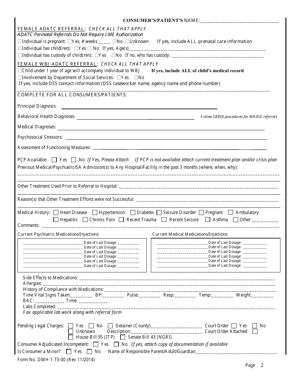 Form DMH1-73-00 Regional Referral Form for Admission to a State Psychiatric Hospital or Adatc - North Carolina, Page 2