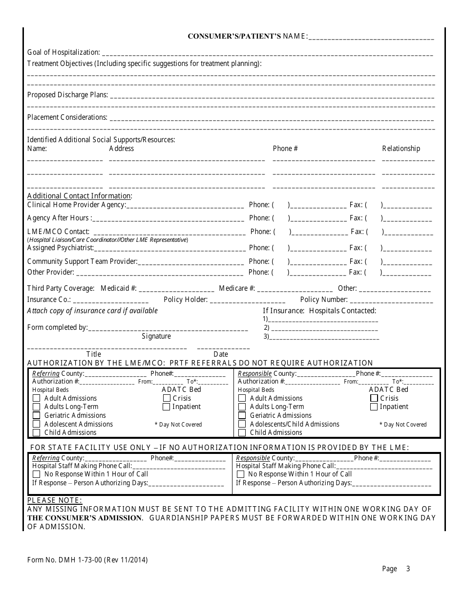 Form DMH1-73-00 Regional Referral Form for Admission to a State Psychiatric Hospital or Adatc - North Carolina, Page 3