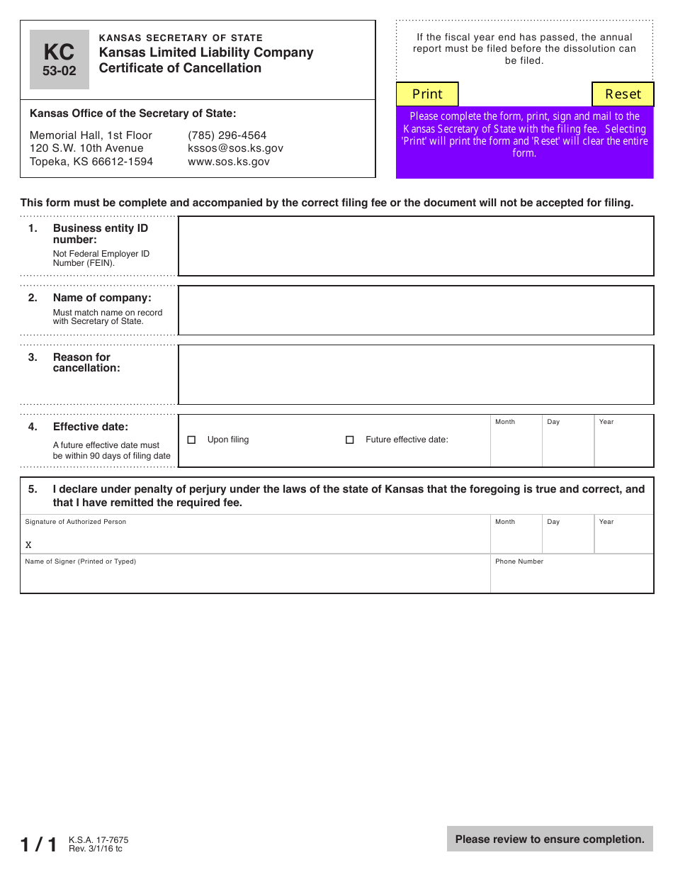 Form KC53-02 Kansas Limited Liability Company Certificate of Cancellation - Kansas, Page 2