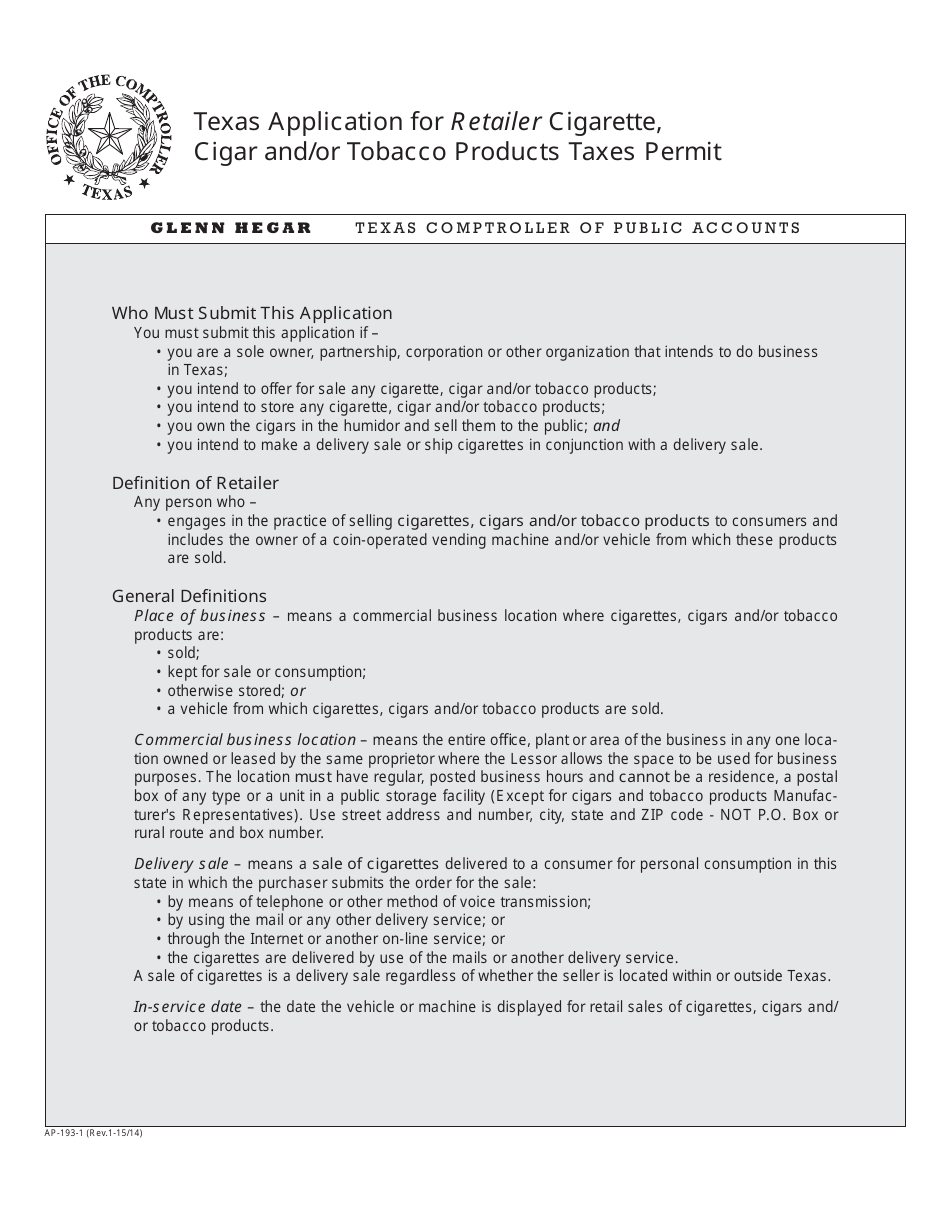 Form AP-193-1 Texas Application for Retailer Cigarette, Cigar, and/or Tobacco Products Taxes Permit - Texas, Page 1
