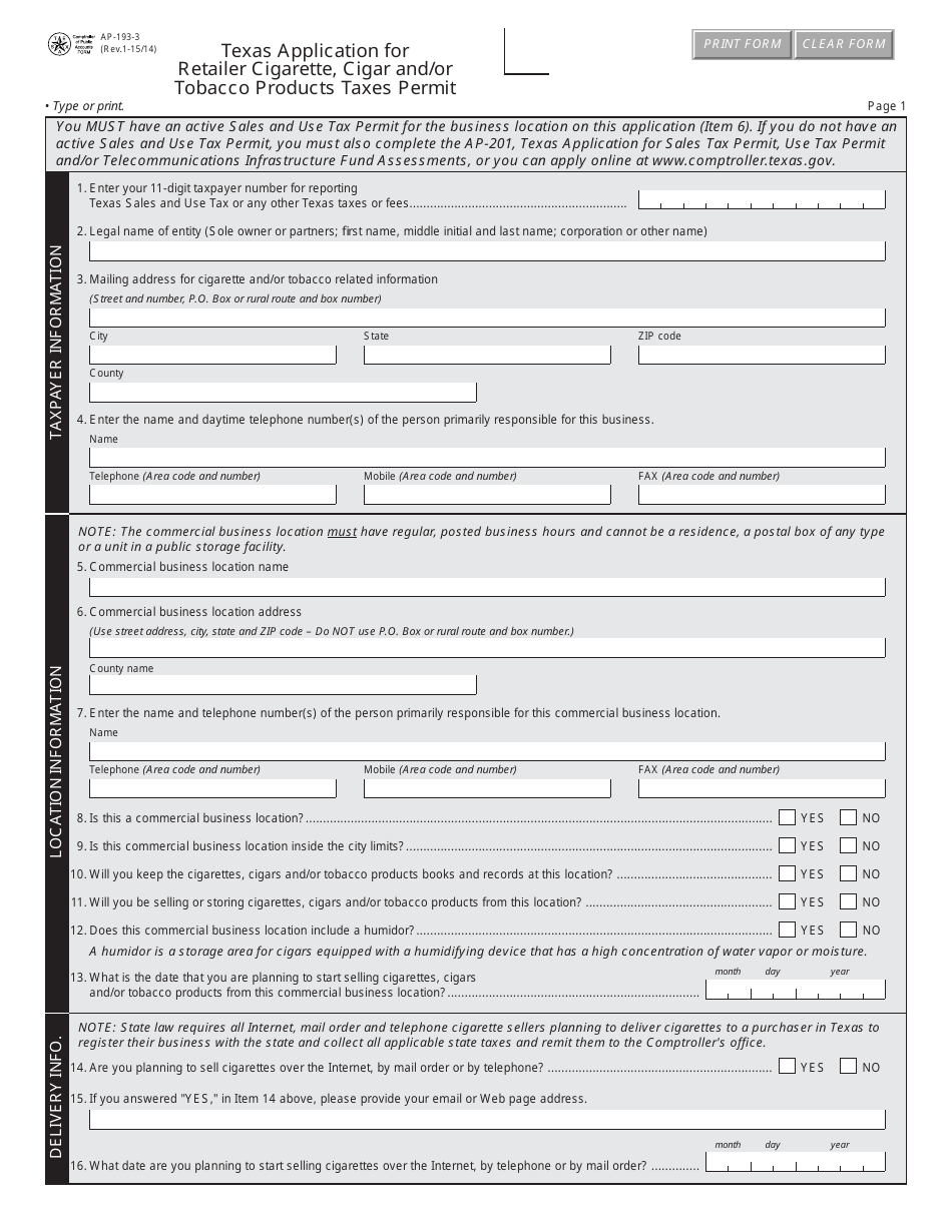 Form AP-193-1 Texas Application for Retailer Cigarette, Cigar, and / or Tobacco Products Taxes Permit - Texas, Page 3