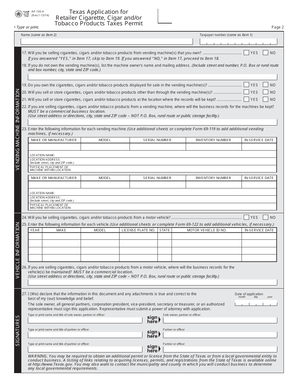 Form AP-193-1 Texas Application for Retailer Cigarette, Cigar, and / or Tobacco Products Taxes Permit - Texas, Page 4