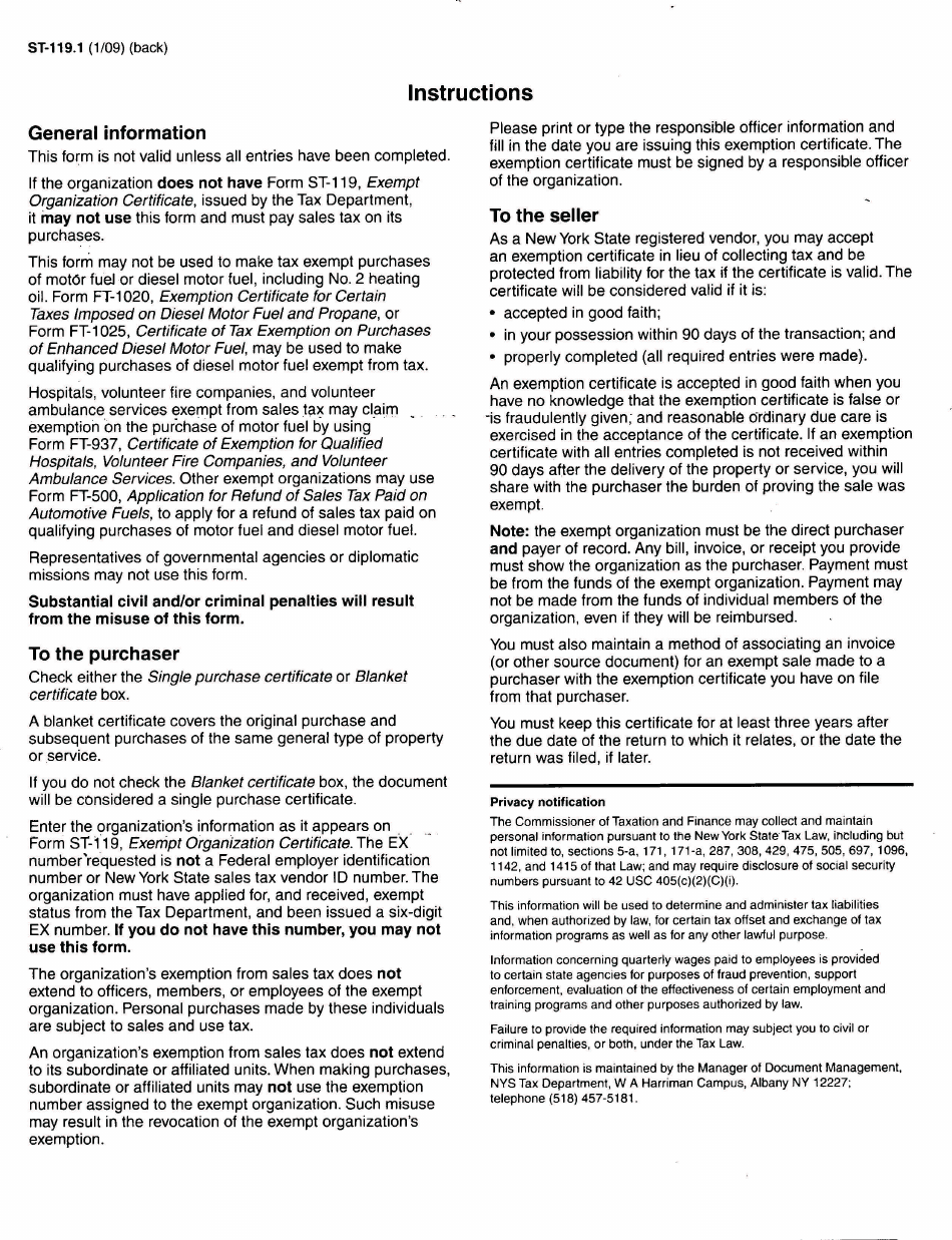 Form ST-119.1 New York State and Local Sales and Use Tax - Exempt Organization - Exempt Purchase Certificate - New York, Page 2