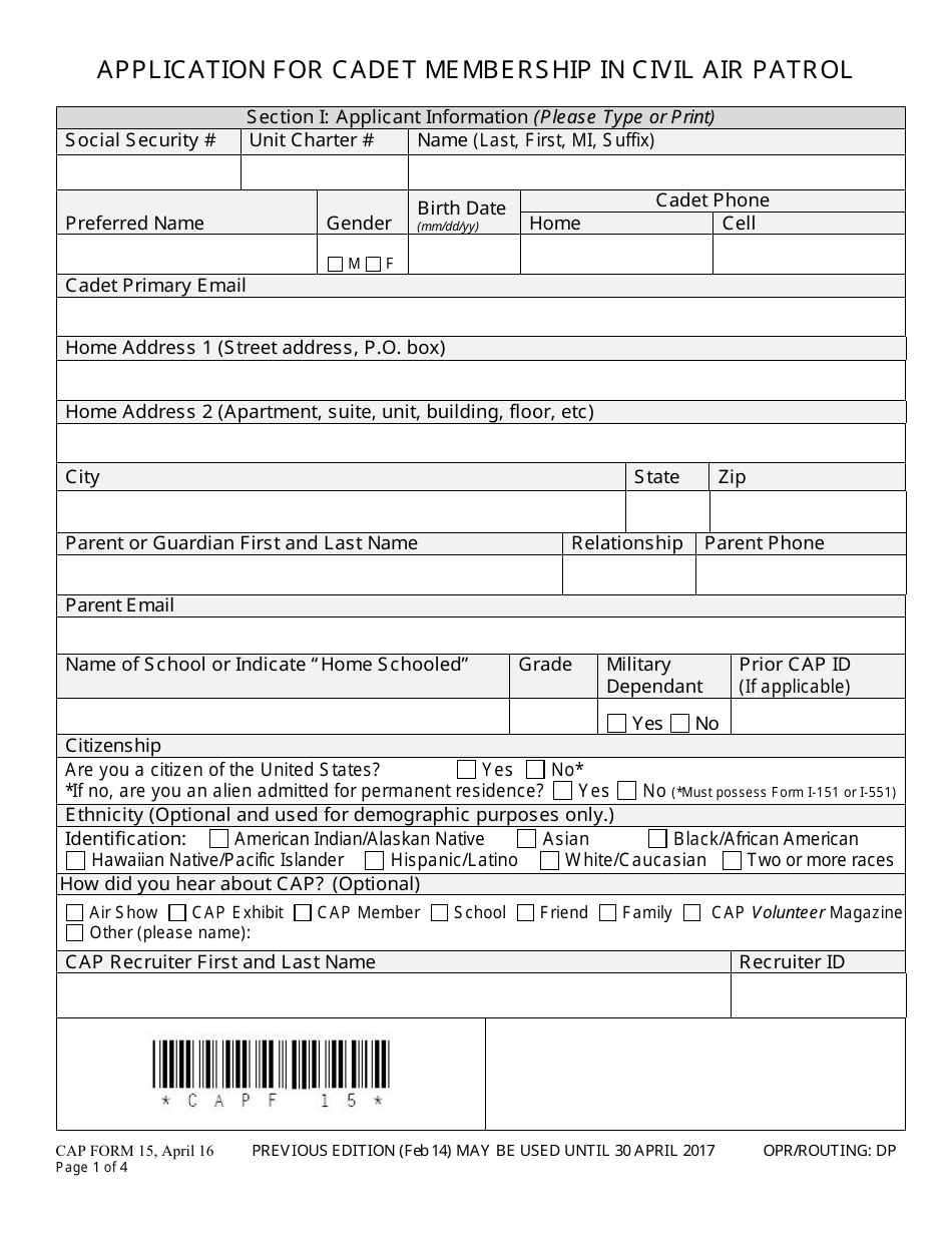 CAP Form 15 Download Fillable PDF Or Fill Online Application For Cadet 