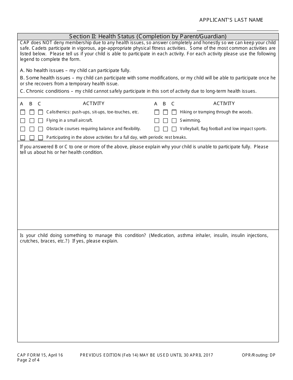 CAP Form 15 Application for Cadet Membership in Civil Air Patrol, Page 2