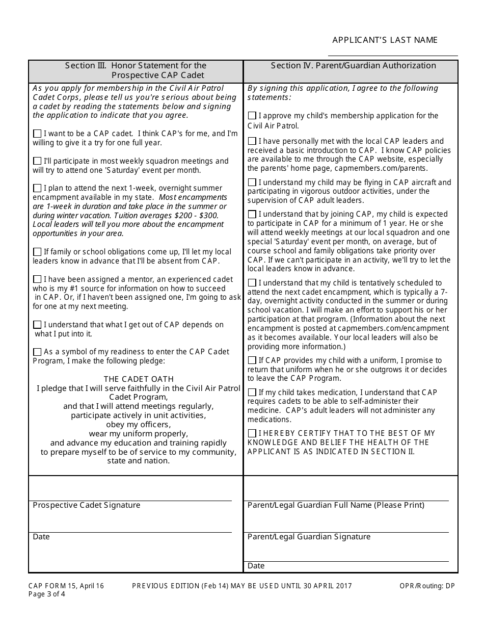CAP Form 15 Application for Cadet Membership in Civil Air Patrol, Page 3