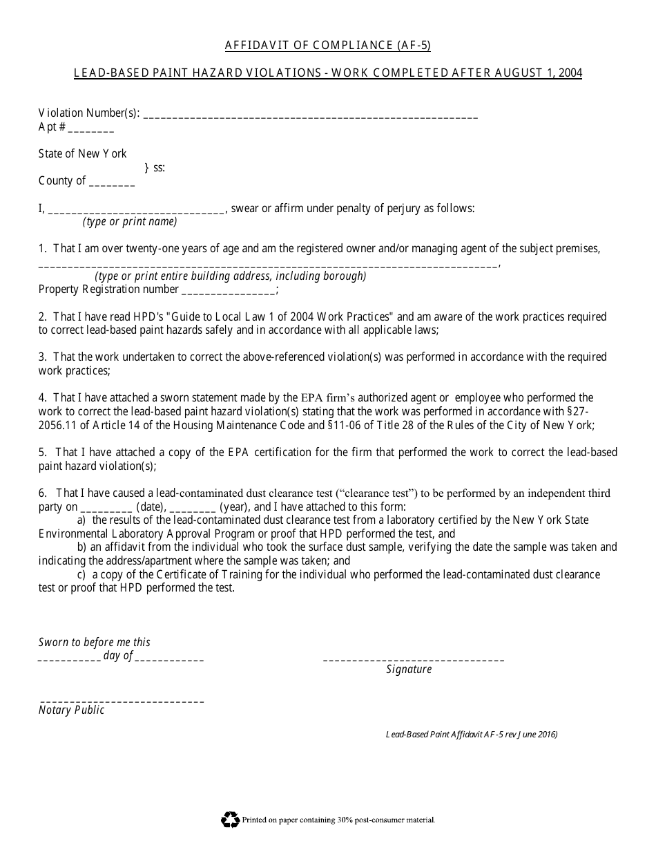 Form AF-5 Lead-Based Paint Affidavit of Compliance - Violations Corrected After August 1, 2004 - New York City, Page 3