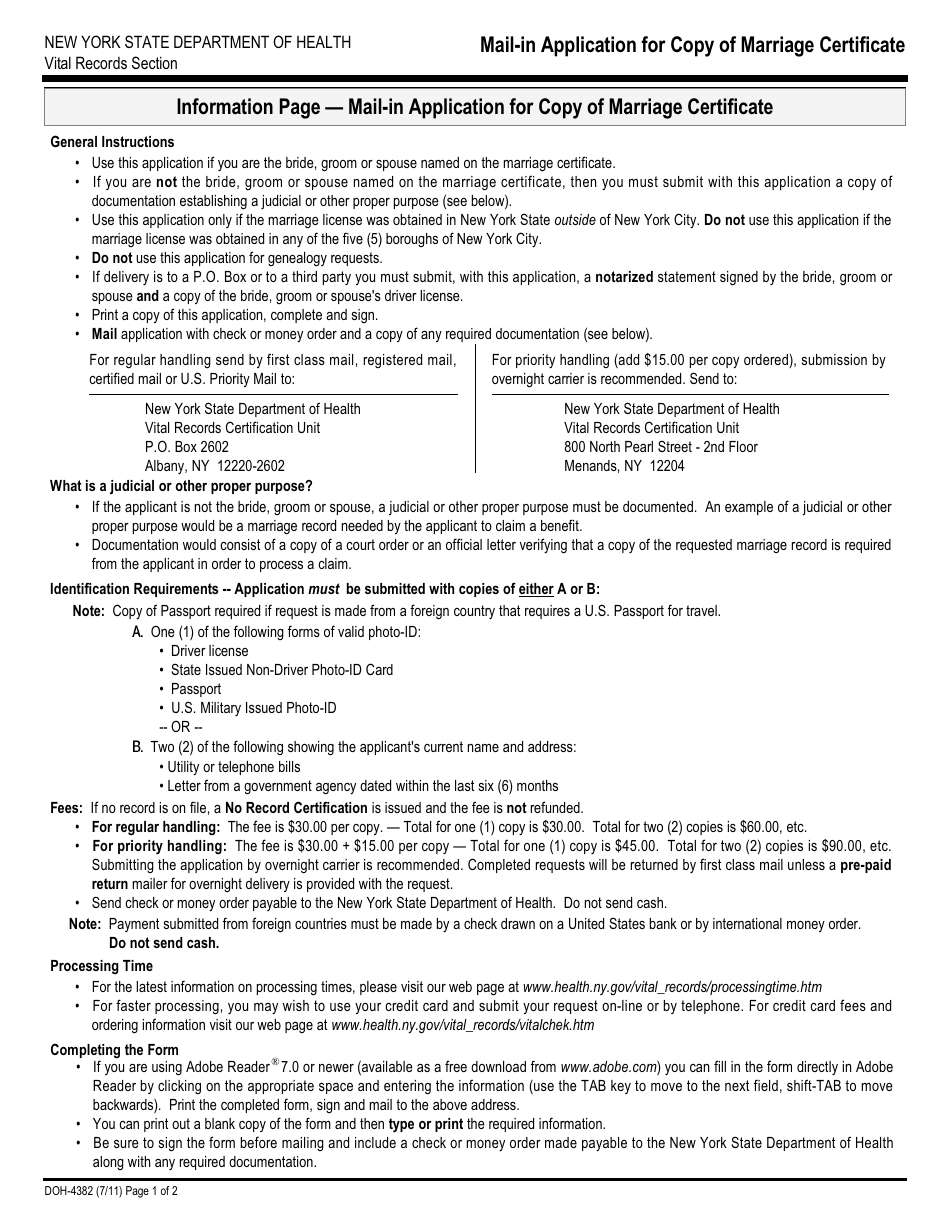 Form DOH-4382 Mail-In Application for Copy of Marriage Certificate - New York, Page 1