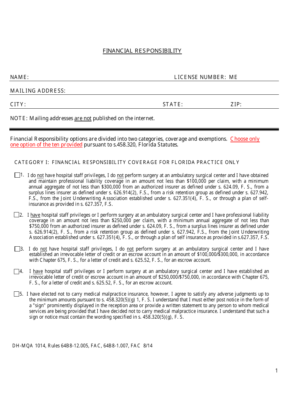 Form DOH-MQA1014 Financial Responsibility - Florida, Page 1