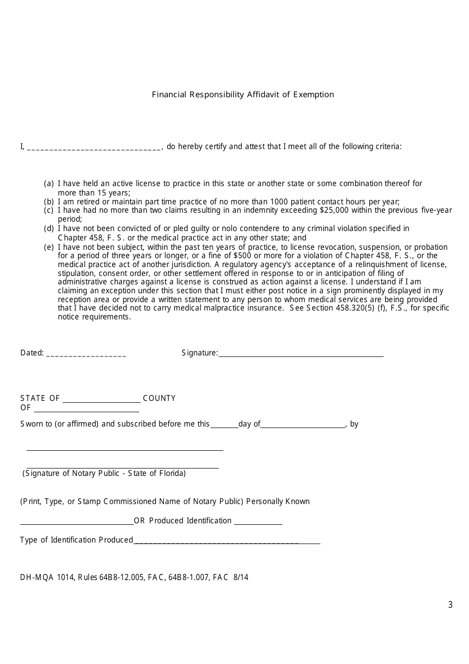 Form DOH-MQA1014 Financial Responsibility - Florida, Page 3