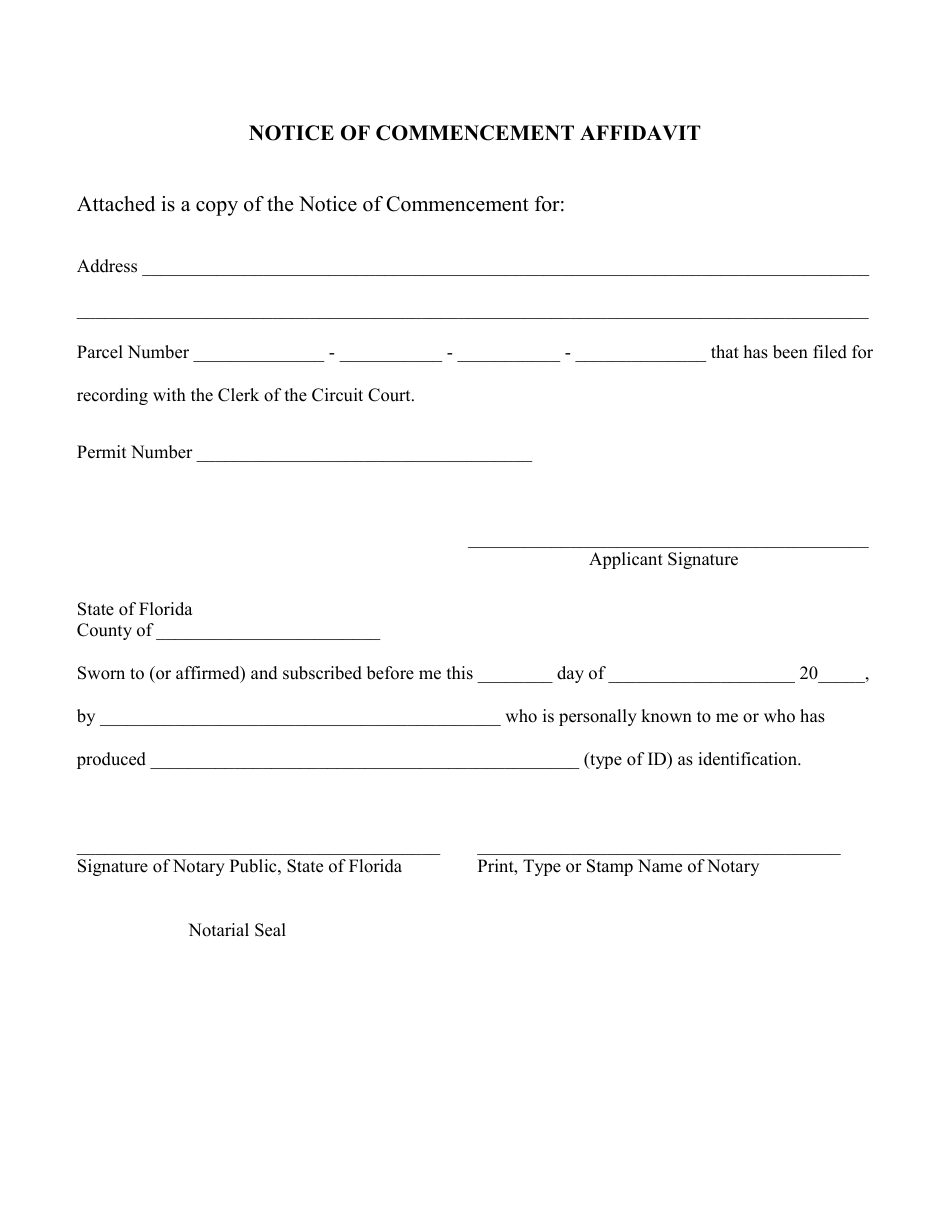 Notice of Commencement Affidavit - Florida, Page 1