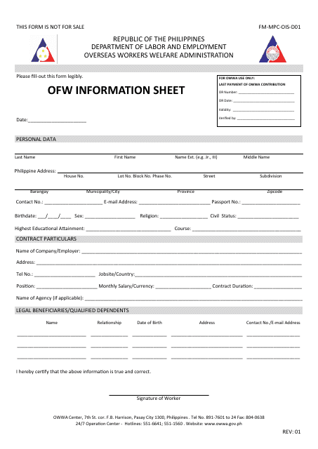 Form FM-MPC-OIS-D01 Ofw Information Sheet - Philippines