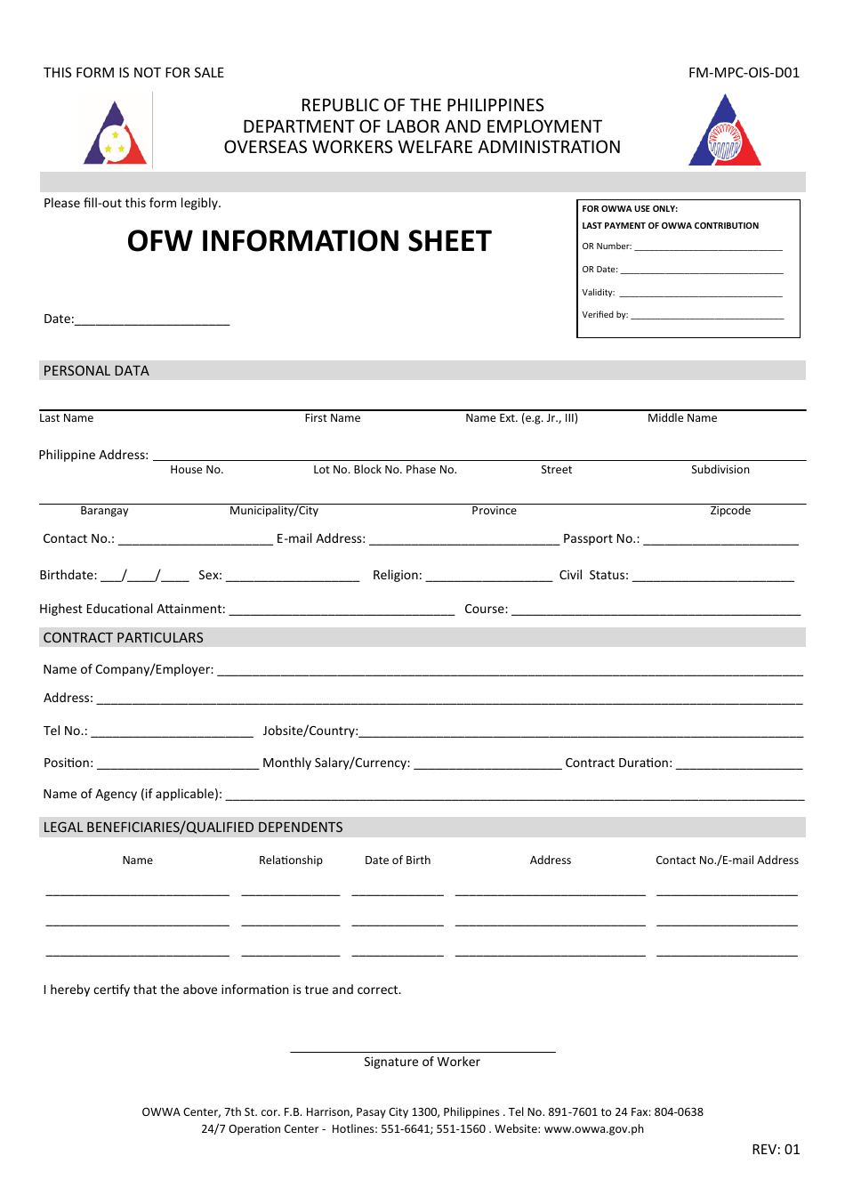 Form FM-MPC-OIS-D01 Ofw Information Sheet - Philippines, Page 1