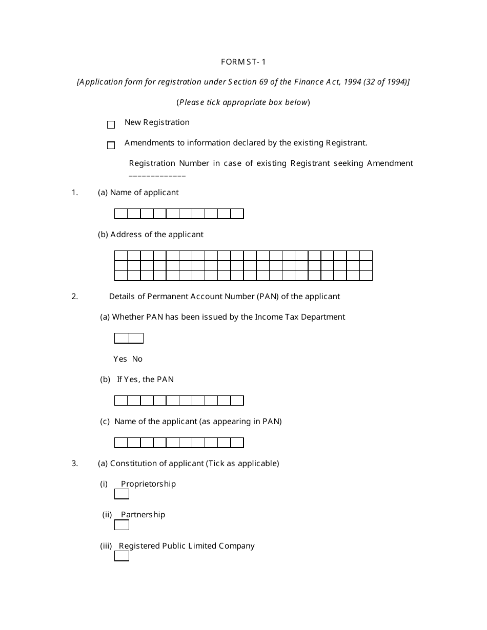 Form ST-1 Application Form for Registration Under Section 69 of the Finance Act, 1994 (32 of 1994) - India, Page 1