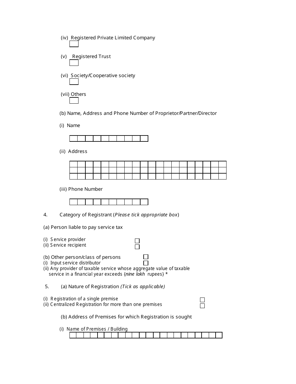 Form ST-1 Application Form for Registration Under Section 69 of the Finance Act, 1994 (32 of 1994) - India, Page 2