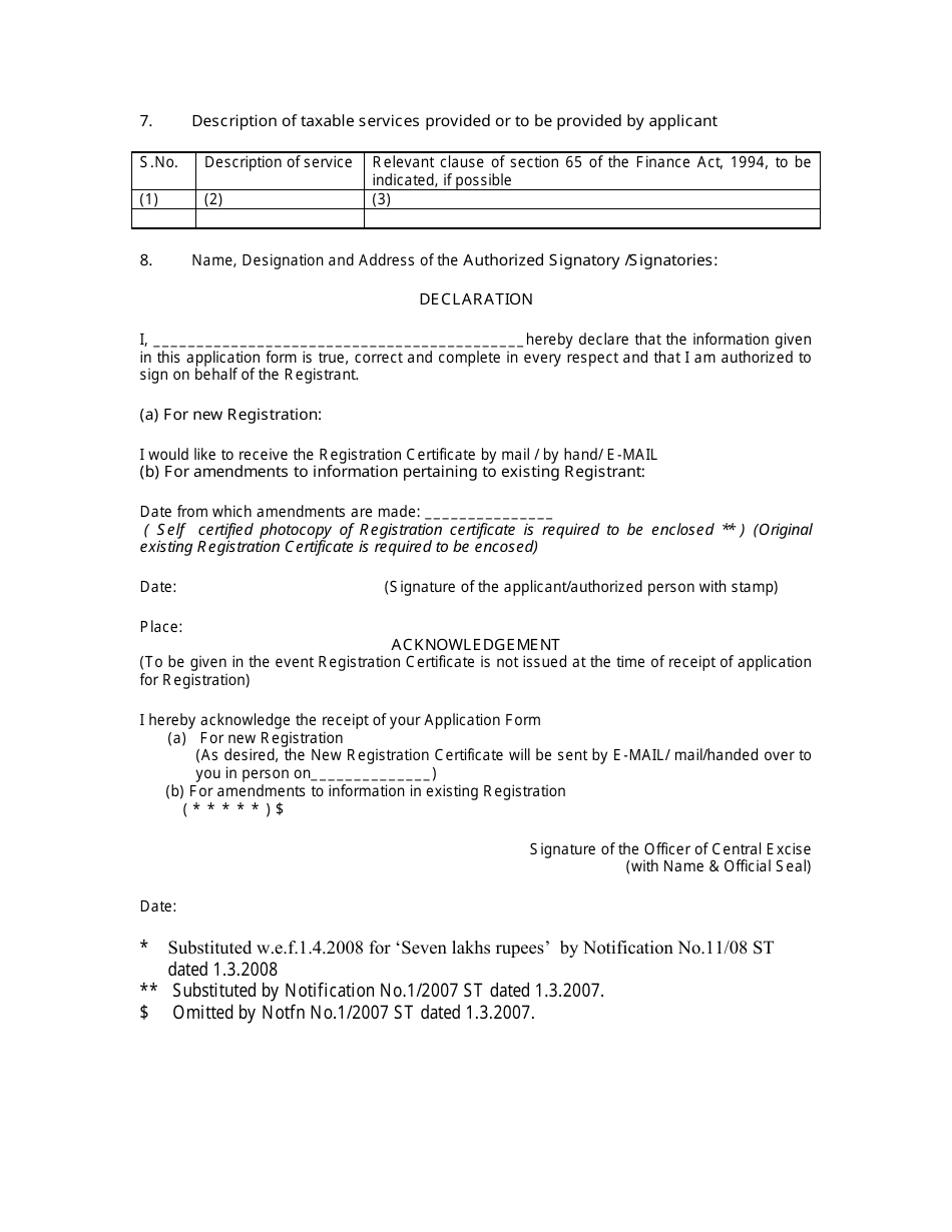 Form ST-1 Application Form for Registration Under Section 69 of the Finance Act, 1994 (32 of 1994) - India, Page 4