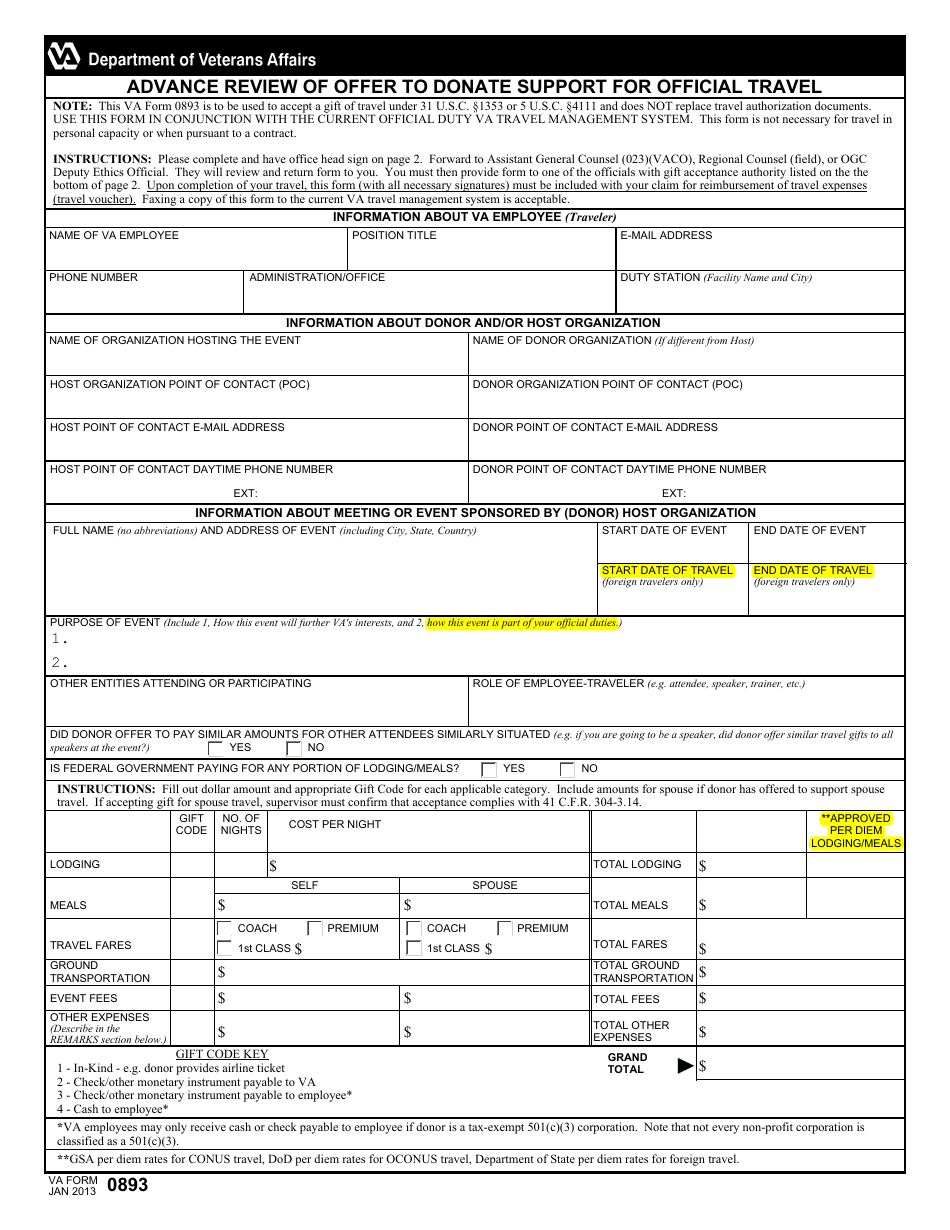 VA Form 0893 Advance Review of Offer to Donate Support for Official Travel, Page 1