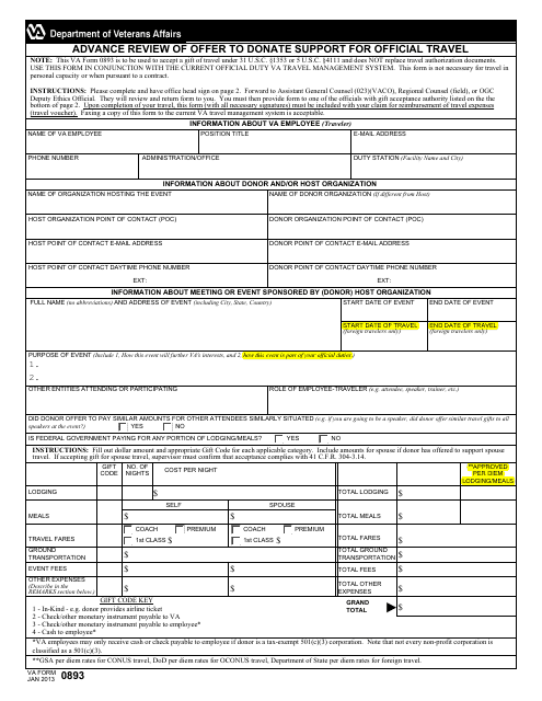 VA Form 0893 Advance Review of Offer to Donate Support for Official Travel
