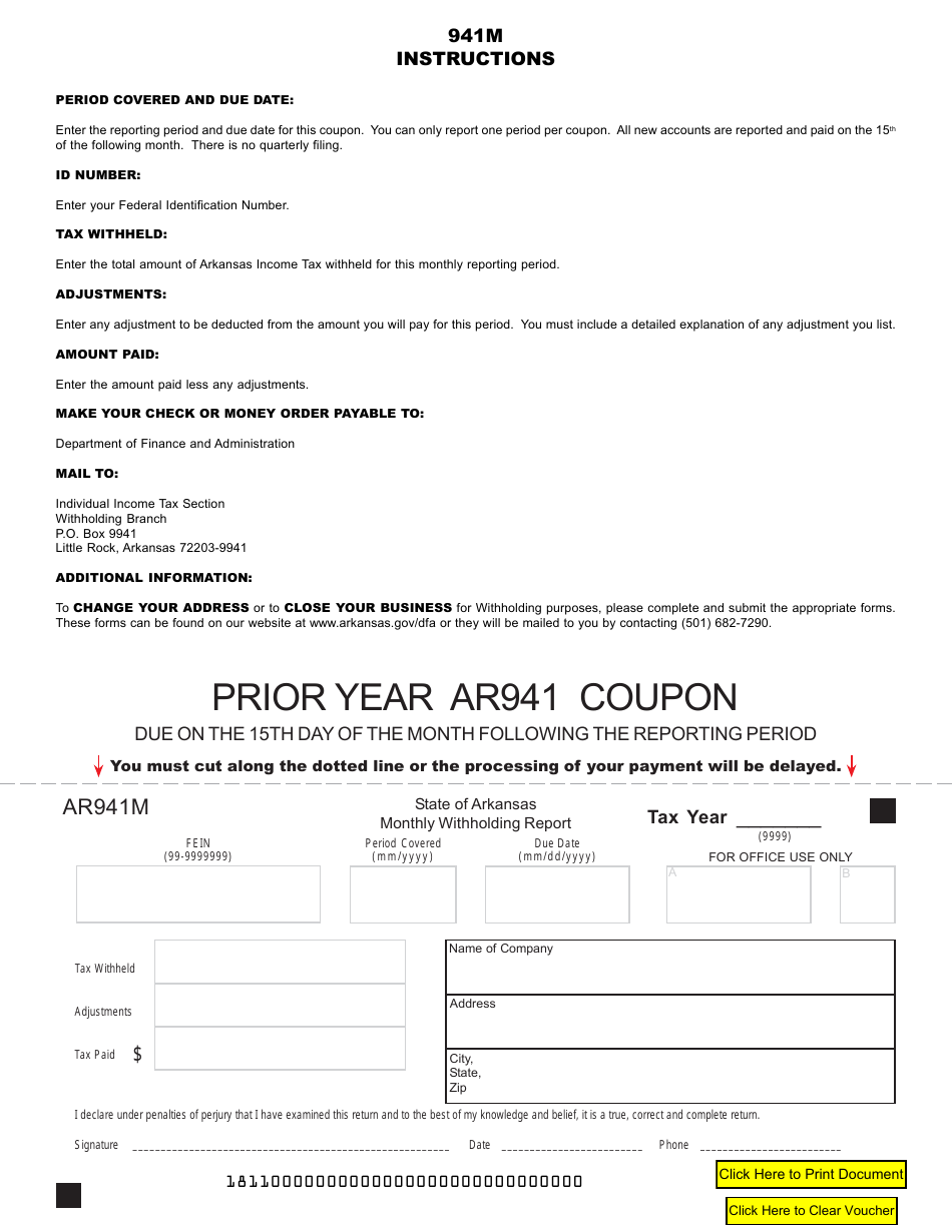 Form AR941M Prior Year Ar941 Coupon - Arkansas, Page 1