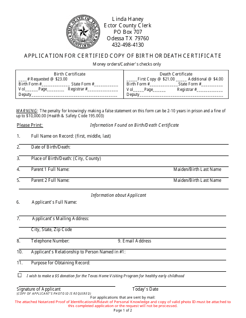 Application Form for Certified Copy of Birth or Death Certificate - County of Ector, Texas Download Pdf