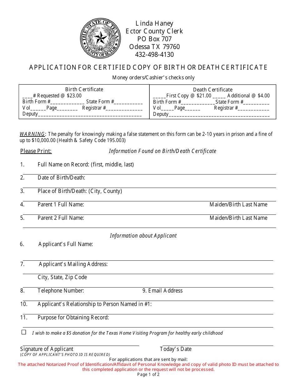 Application Form for Certified Copy of Birth or Death Certificate - County of Ector, Texas, Page 1