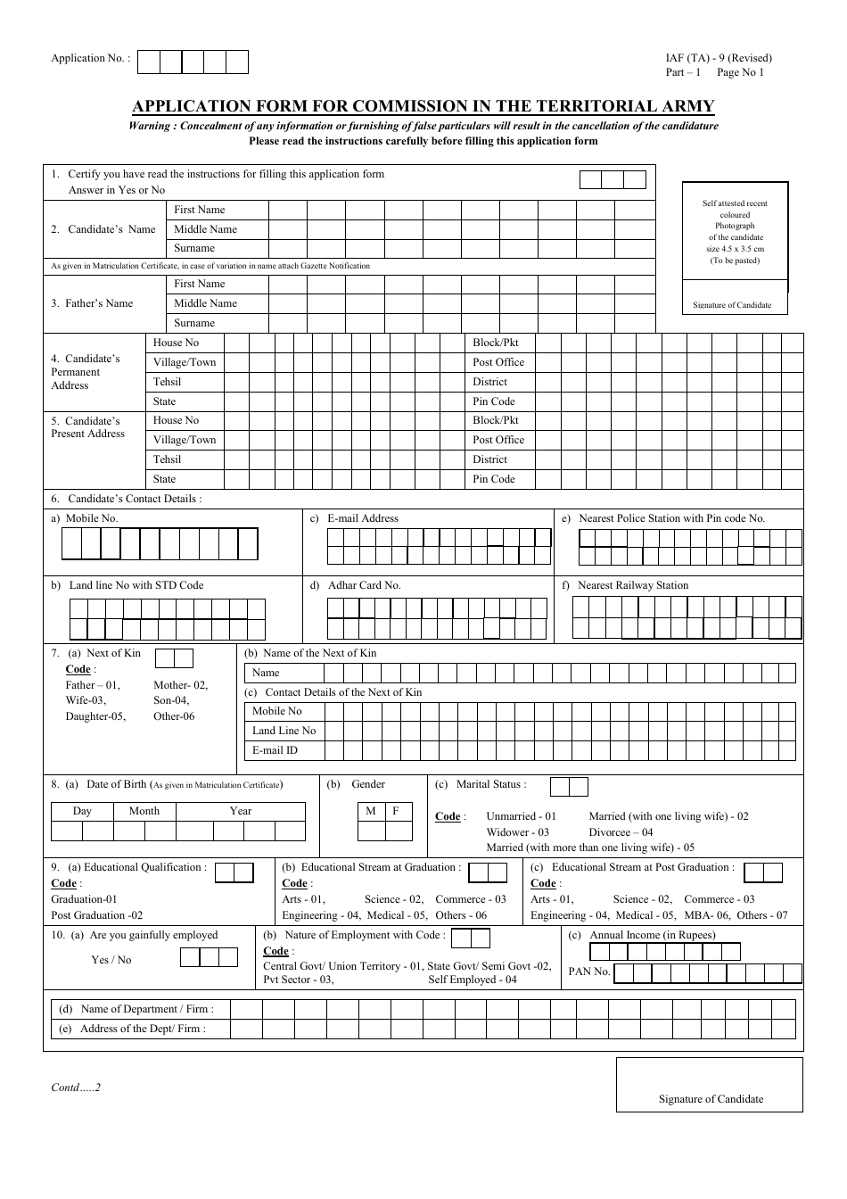 Form IAF (TA) -9 Part 1 Application Form for Commission in the Territorial Army - India, Page 1