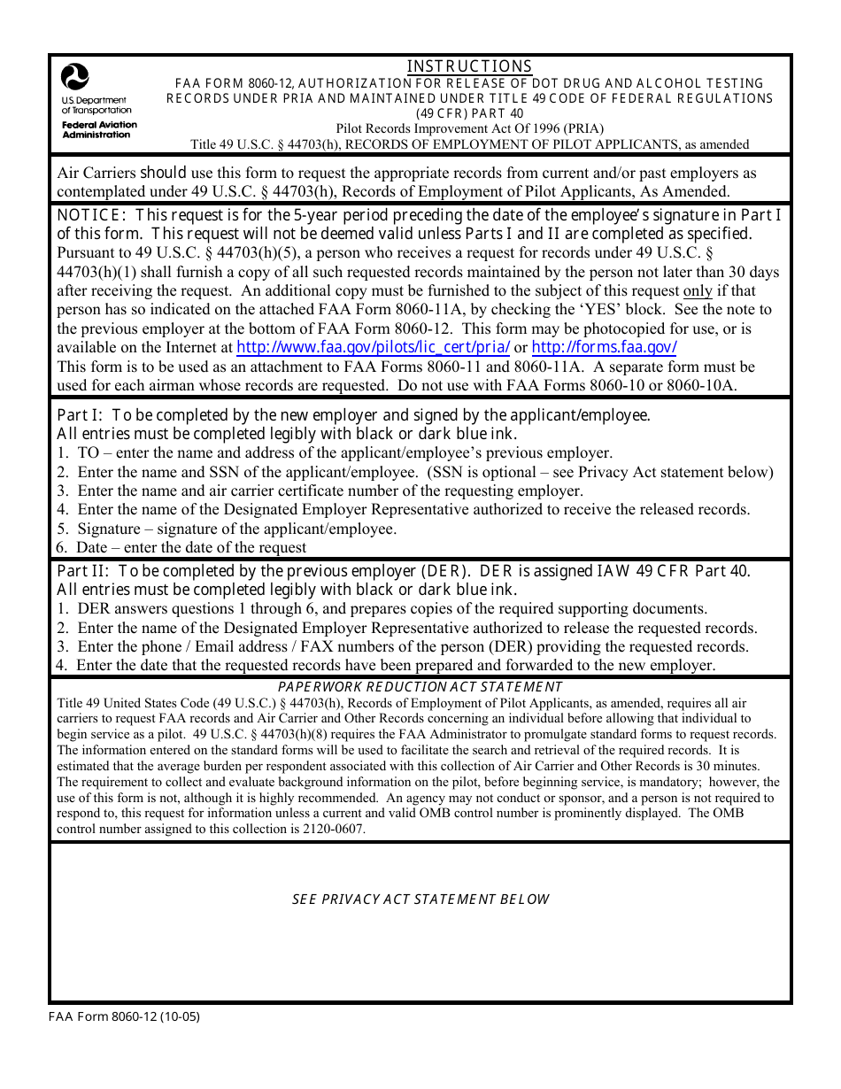 FAA Form 8060-12 Authorization for Release of Dot Drug and Alcohol Testing Records Under Pria and Maintained Under Title 49 Code of Federal Regulations (49 Cfr) Part 40, Page 1