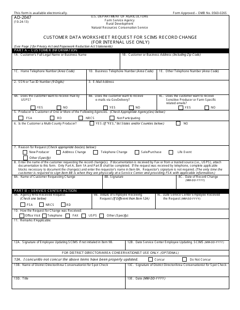 Form AD-2047 Customer Data Worksheet Request for Scims Record Change
