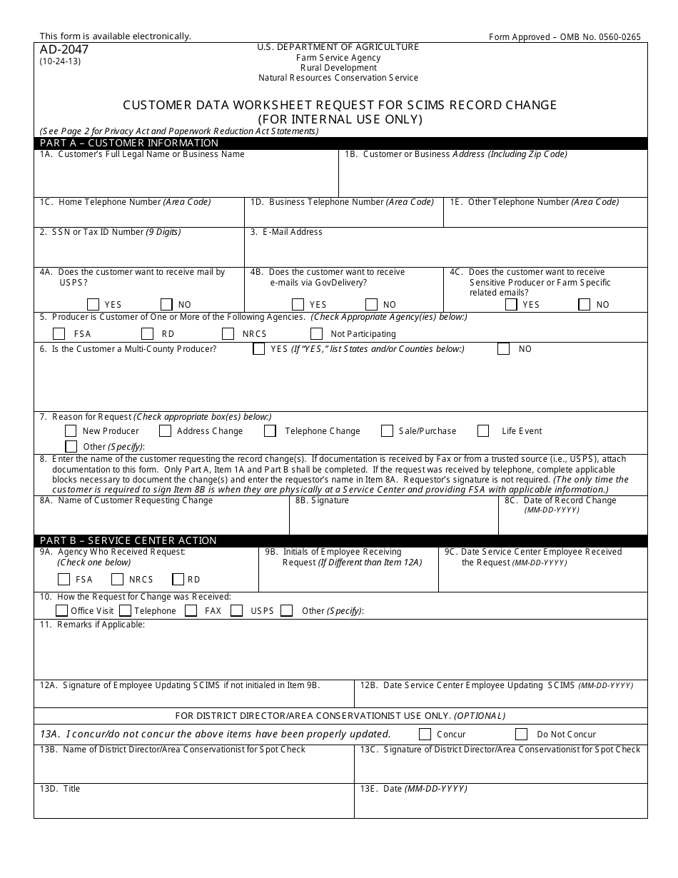 Form AD-2047 Customer Data Worksheet Request for Scims Record Change, Page 1