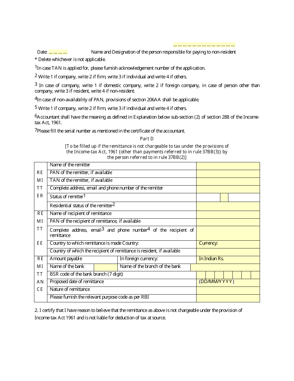 Form 15CA Information to Be Furnished for Payments to a Non-resident Not Being a Company, or to a Foreign Company - India, Page 7