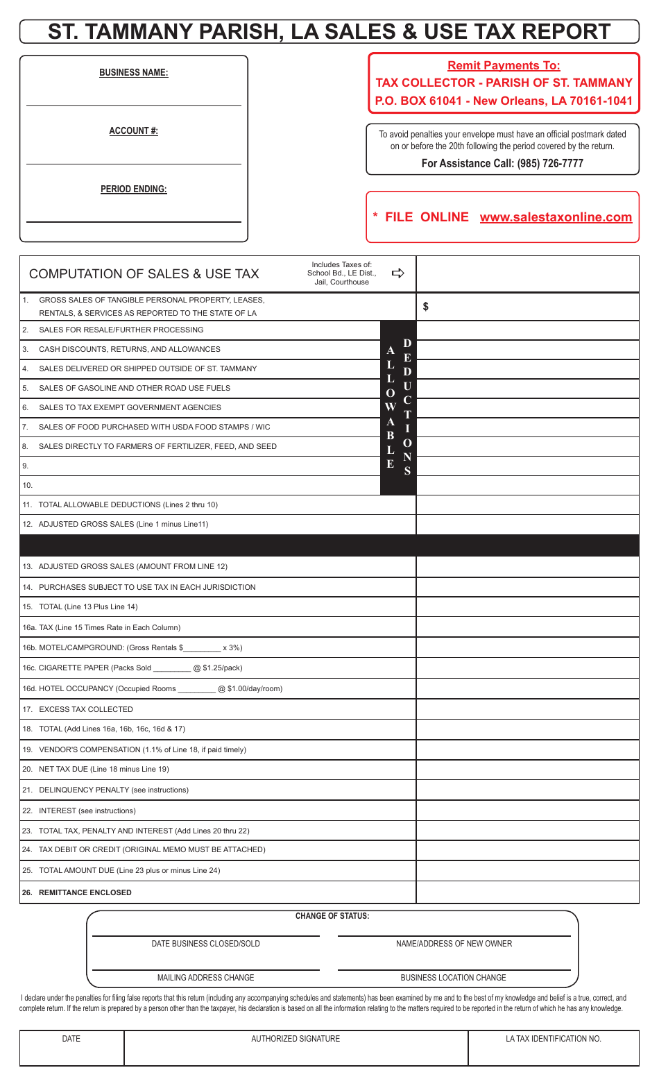 Sales  Use Tax Report Form - Saint Tammany Parish, Louisiana, Page 1