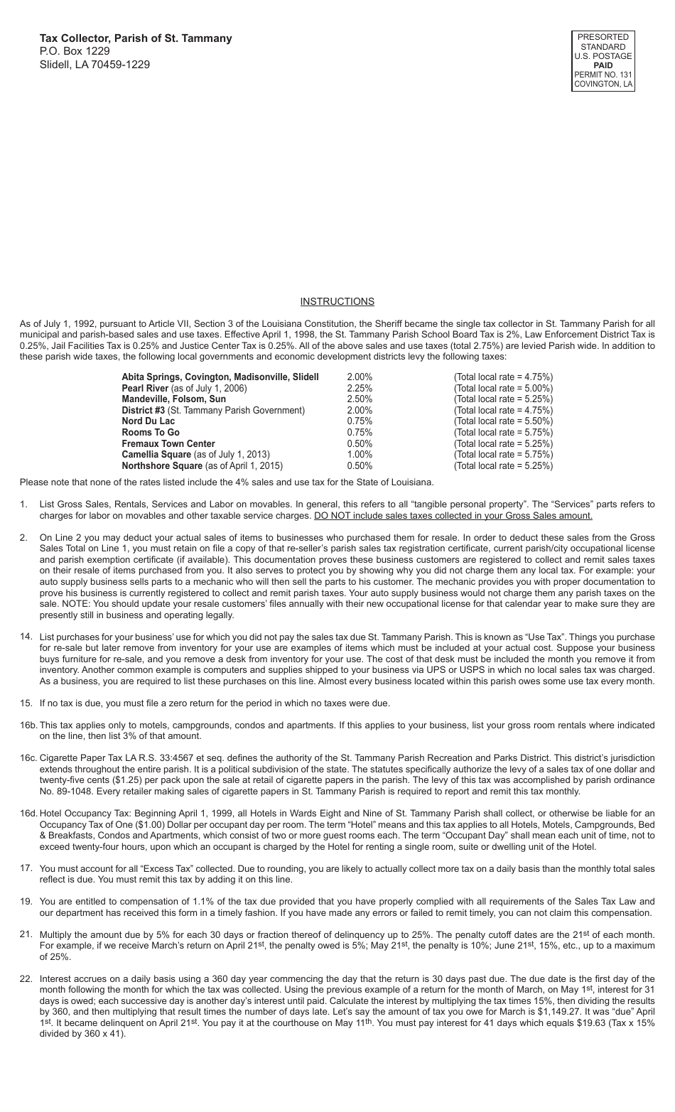 Saint Tammany Parish, Louisiana Sales & Use Tax Report Form Fill Out