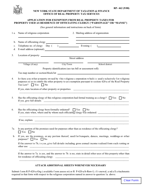 Form RP-462 Application for Exemption From Real Property Taxes for Property Used as Residence of Officiating Clergy ("parsonage" or "manse") - New York