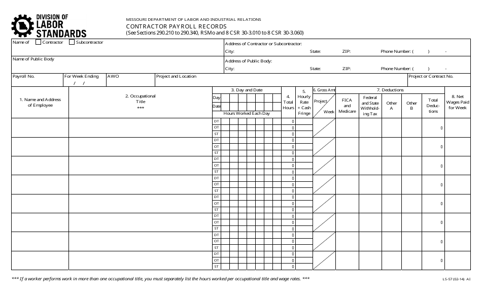 Form LS-57 Contractor Payroll Records - Missouri, Page 1