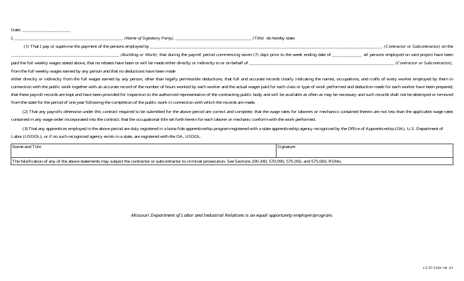 Form LS-57 Contractor Payroll Records - Missouri, Page 3