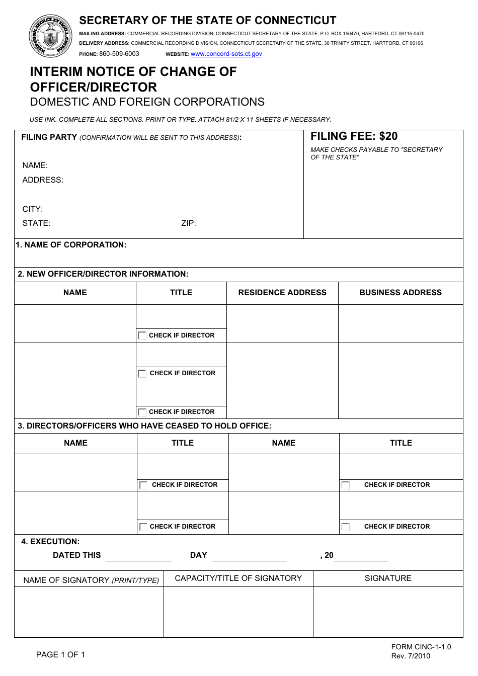 Form CINC-1-1.0 Interim Notice of Change of Officer / Director - Connecticut, Page 1