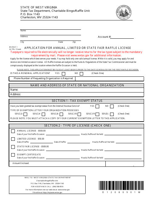Form WV/RAF-1 Application for Annual, Limited or State Fair Raffle License - West Virginia