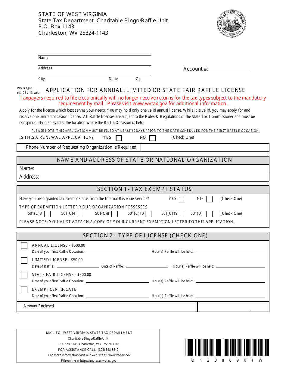 Form WV / RAF-1 Application for Annual, Limited or State Fair Raffle License - West Virginia, Page 1