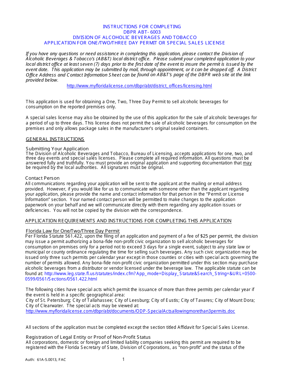 Form ABT-6003 Application for One / Two / Three Day Permit or Special Sales License - Florida, Page 1