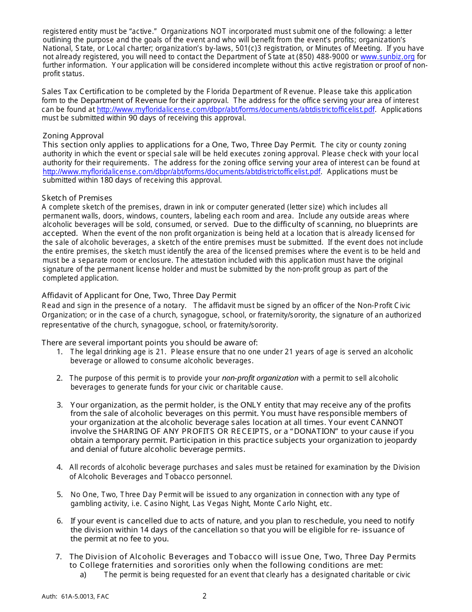 Form ABT-6003 Application for One / Two / Three Day Permit or Special Sales License - Florida, Page 2