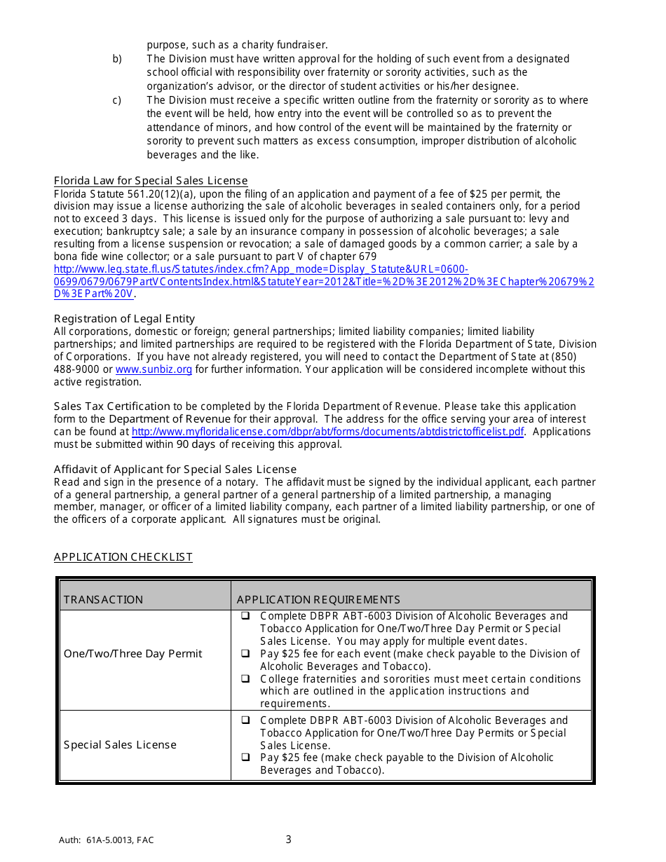 Form ABT-6003 Application for One / Two / Three Day Permit or Special Sales License - Florida, Page 3