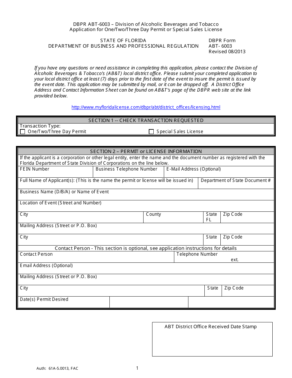 Form ABT-6003 Application for One / Two / Three Day Permit or Special Sales License - Florida, Page 4