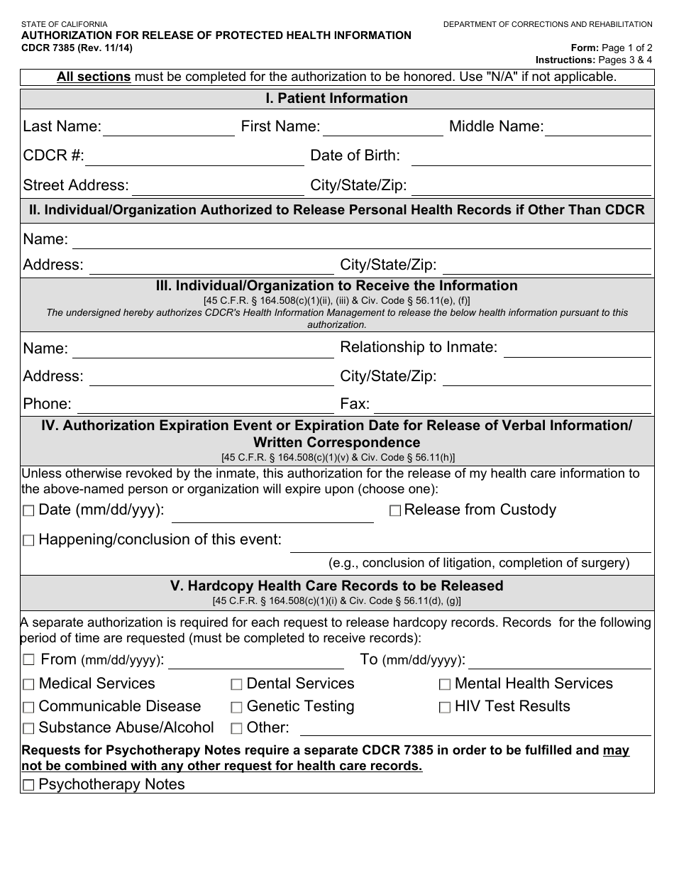 Form CDCR7385 Authorization for Release of Protected Health Information - California, Page 1