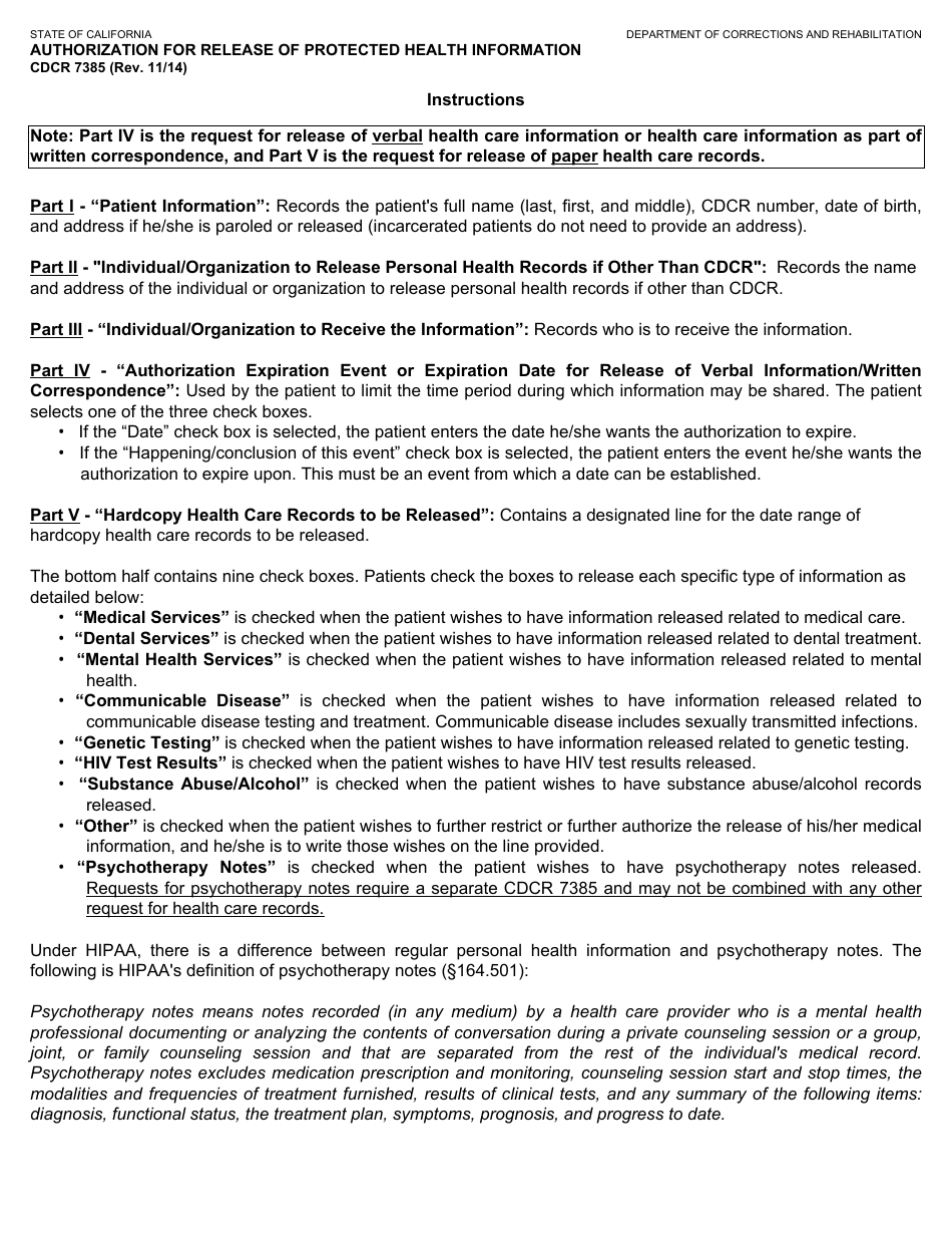 Form CDCR7385 Authorization for Release of Protected Health Information - California, Page 3