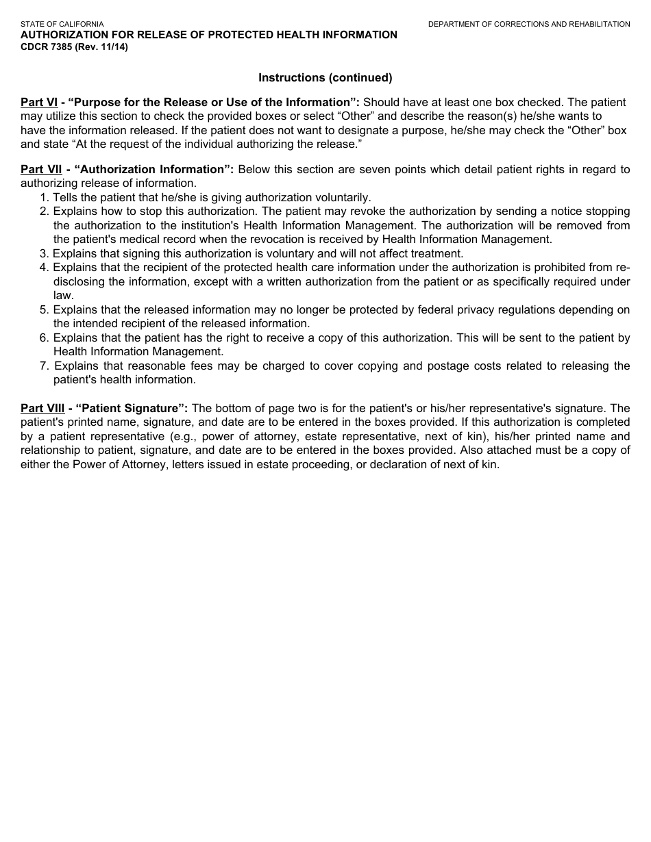 Form CDCR7385 Authorization for Release of Protected Health Information - California, Page 4