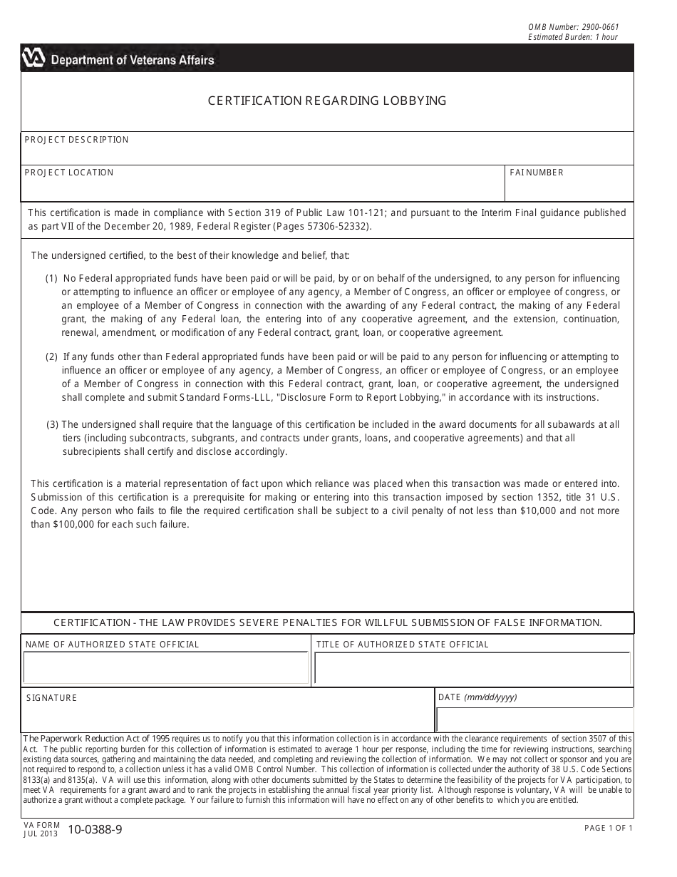VA Form 10-0388-9 Certification Regarding Lobbying, Page 1