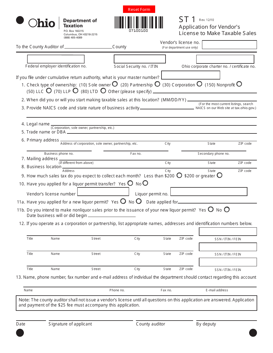 Form ST1 Application for Vendors License to Make Taxable Sales - Ohio, Page 1