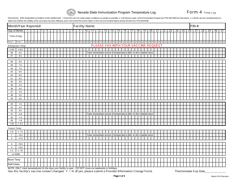 Form 4 Nevada State Immunization Program Temperature Log - Nevada