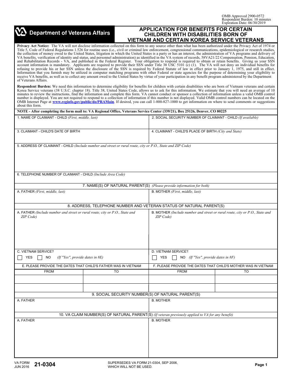 VA Form 21-0304 Application for Benefits for Certain Children With Disabilities Born of Vietnam and Certain Korea Service Veterans, Page 1