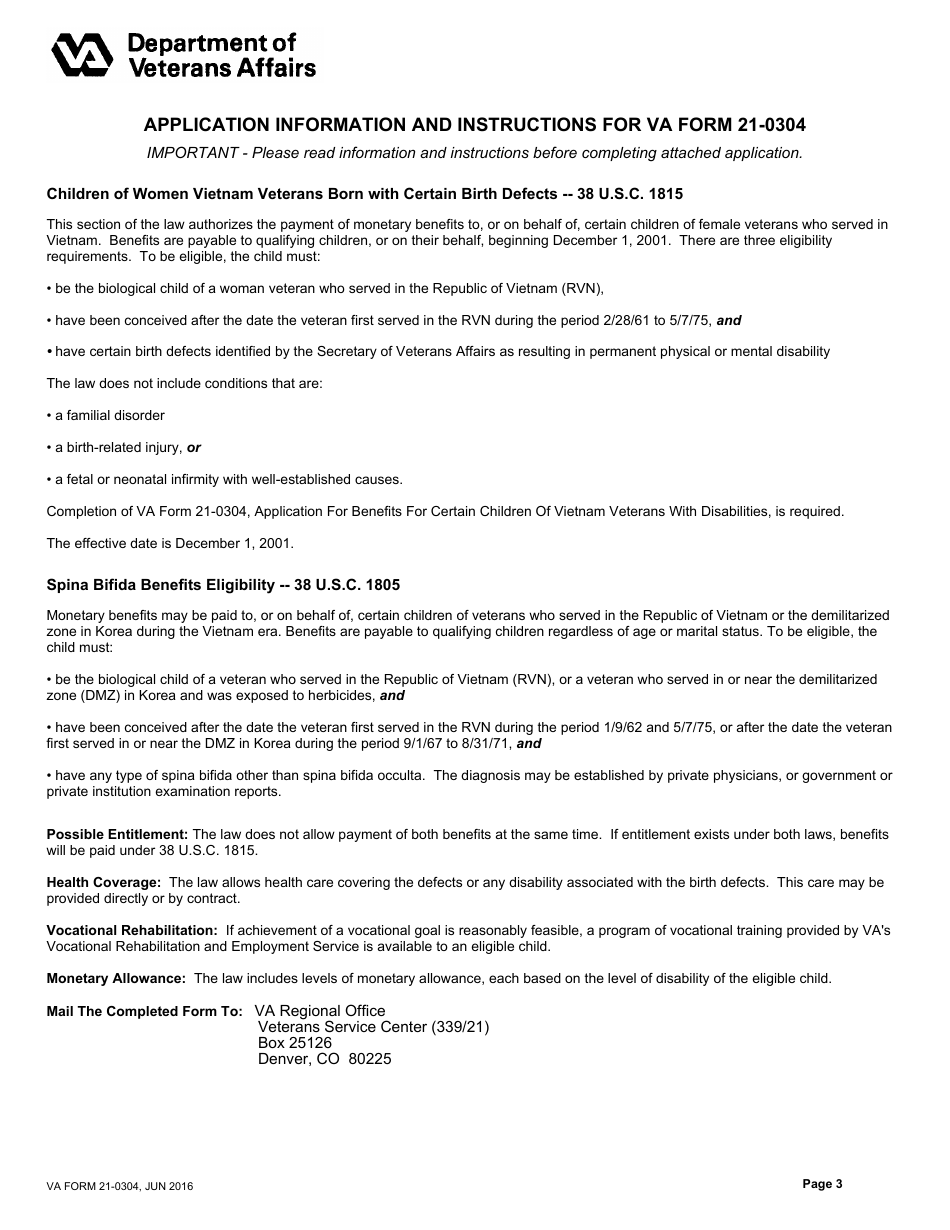 VA Form 21-0304 Application for Benefits for Certain Children With Disabilities Born of Vietnam and Certain Korea Service Veterans, Page 3